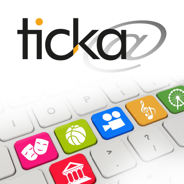 logo ticka sistema di biglietteria con icone dei principali ambiti di utilizzo: cinema,teatri, musei, parchi, impianti sportivia